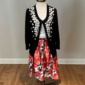 Kate Spade black and cream floral cotton blend cardigan size L
